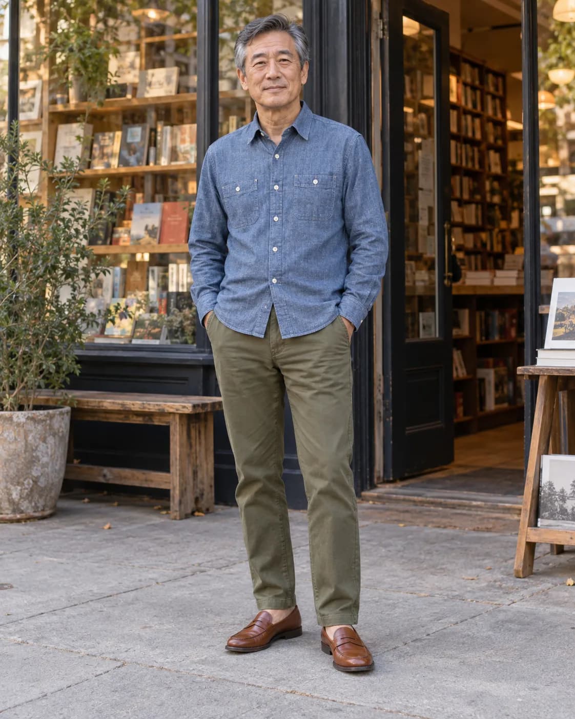 Adult man wearing a rinsed-blue chambray pocket shirt, olive chinos and cognac penny loafers outside a cafe