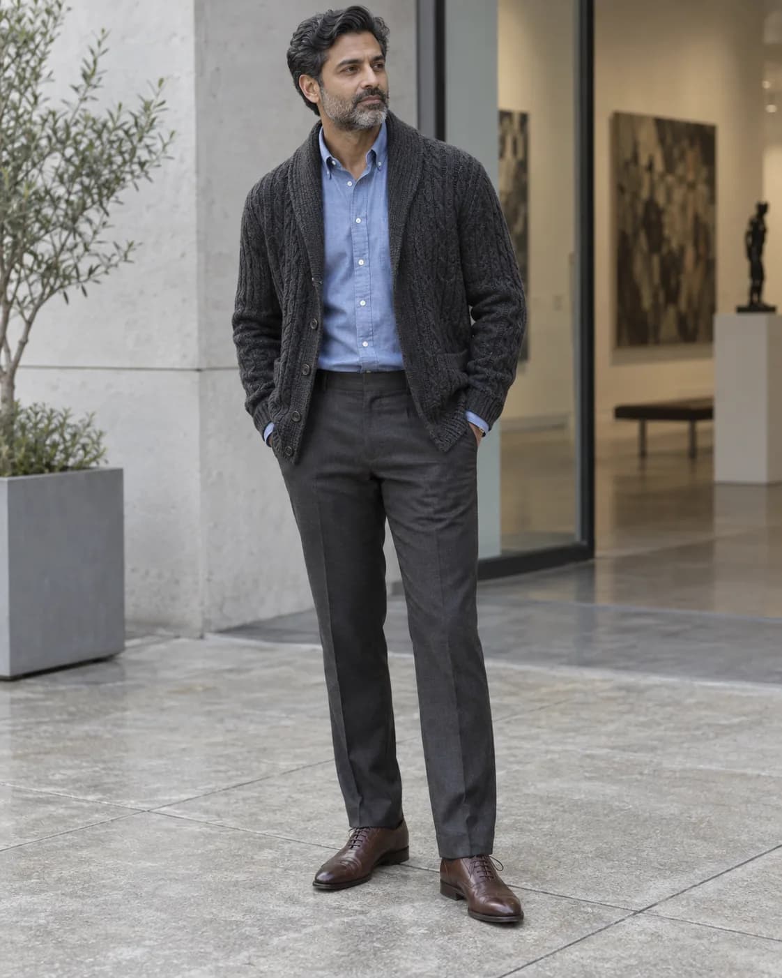 South Asian man in a charcoal shawl-collar cardigan, blue shirt, charcoal trousers and brown oxfords outside a gallery