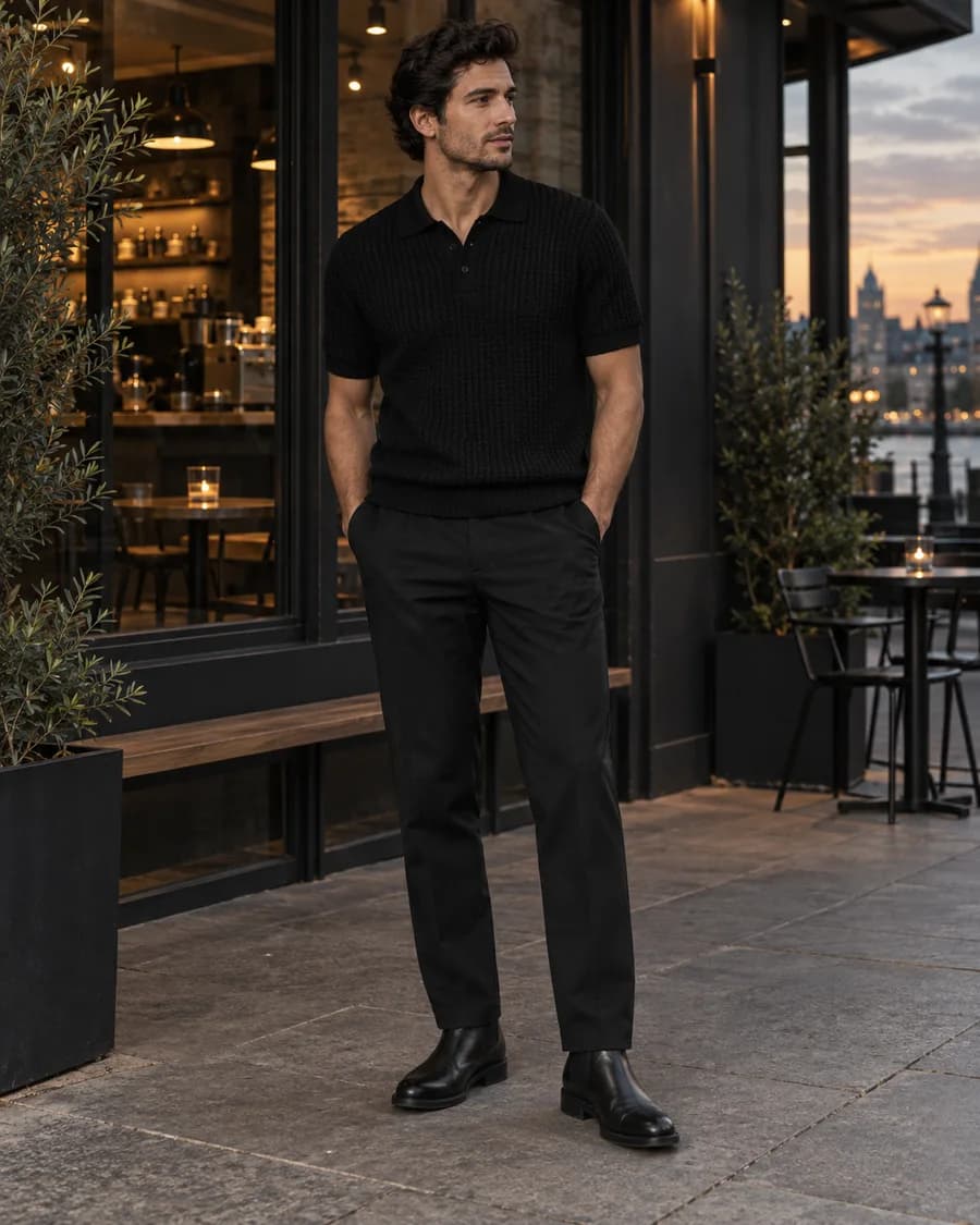 Man wearing a black textured polo, black trousers and black Chelsea boots outside a café