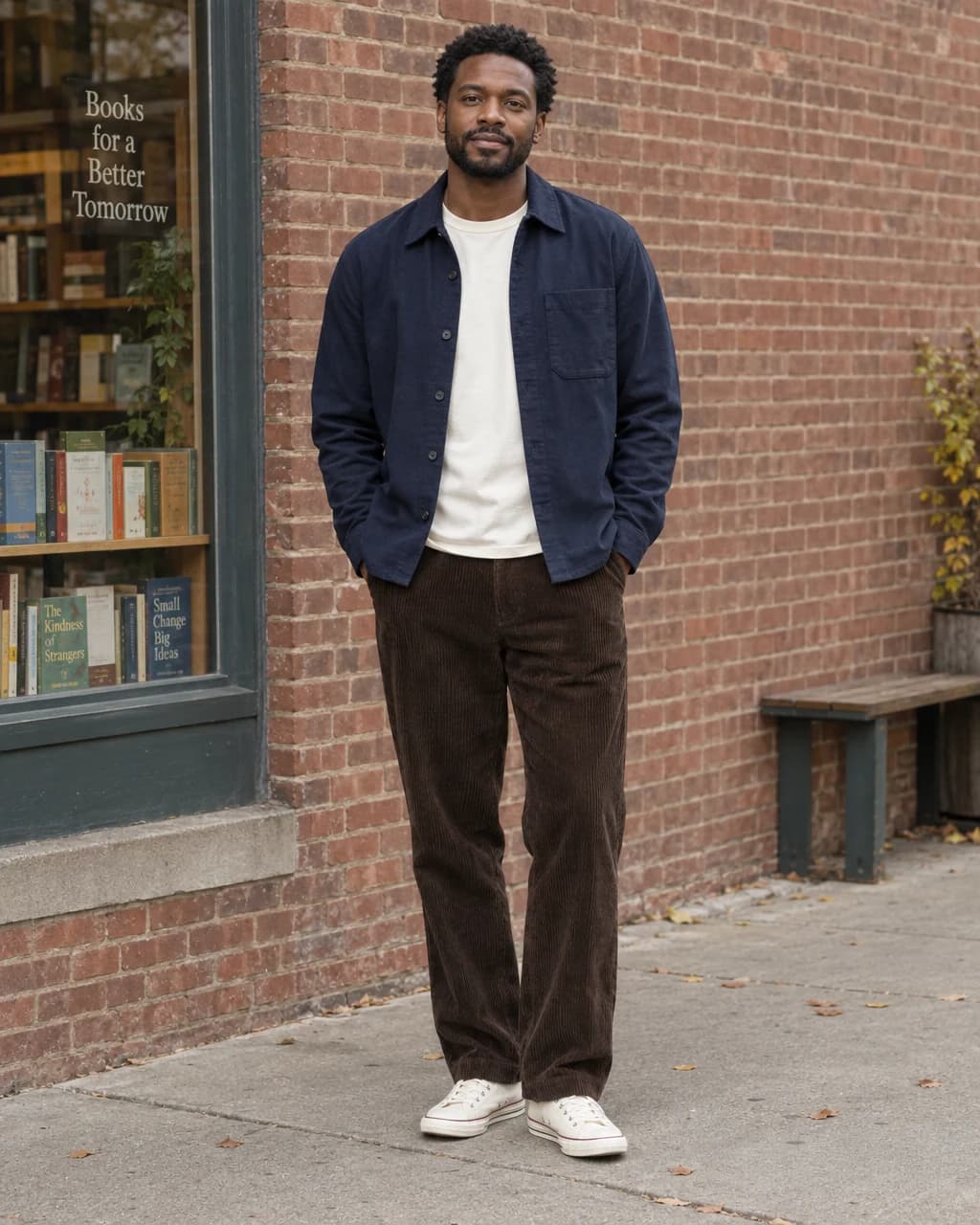 Man in navy overshirt, cream tee, dark brown corduroy trousers and off-white canvas sneakers beside a brick wall