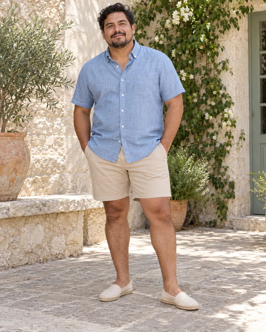 South Asian man in a light-blue short-sleeve chambray shirt with stone chino shorts and natural canvas espadrilles in a sunny courtyard