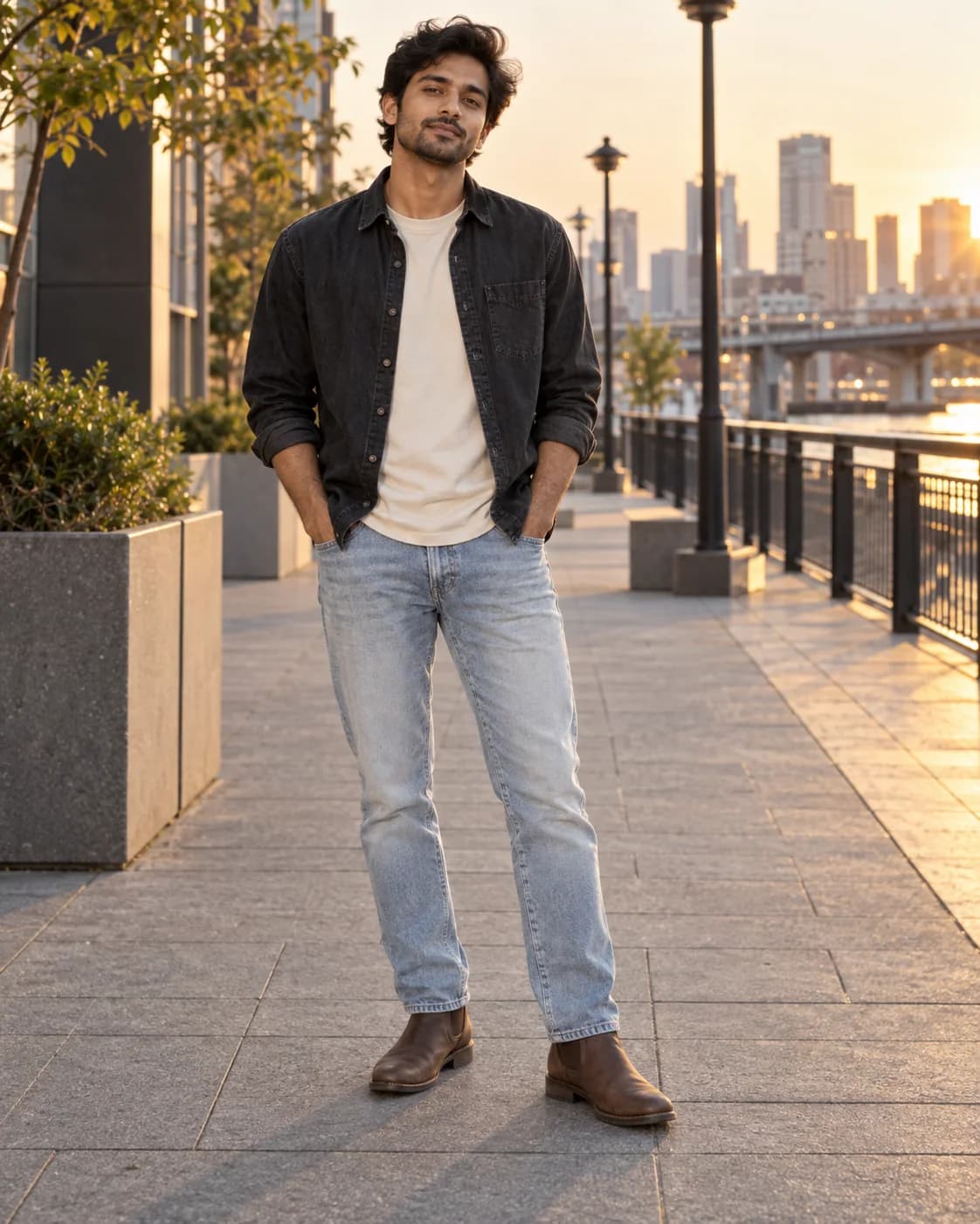 Adult South Asian man wearing a black-wash denim shirt open over a cream tee with light-wash jeans and brown leather ankle boots