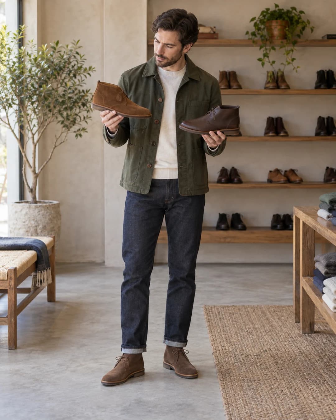 Man comparing suede and leather chukka boots in a shoe shop