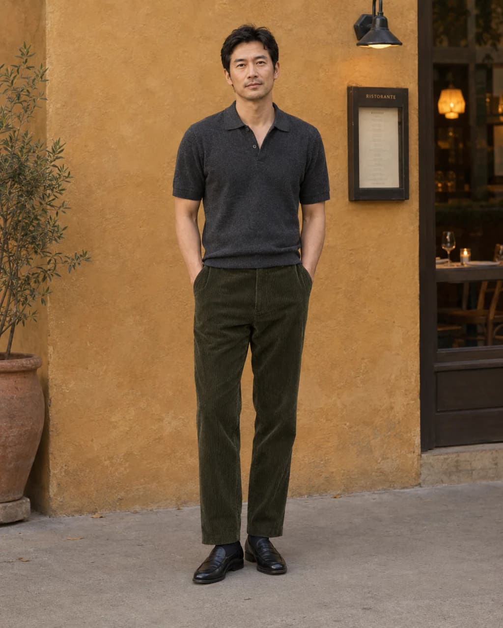 Man in a charcoal short-sleeve knit polo, olive corduroy trousers and black penny loafers against an ochre restaurant wall
