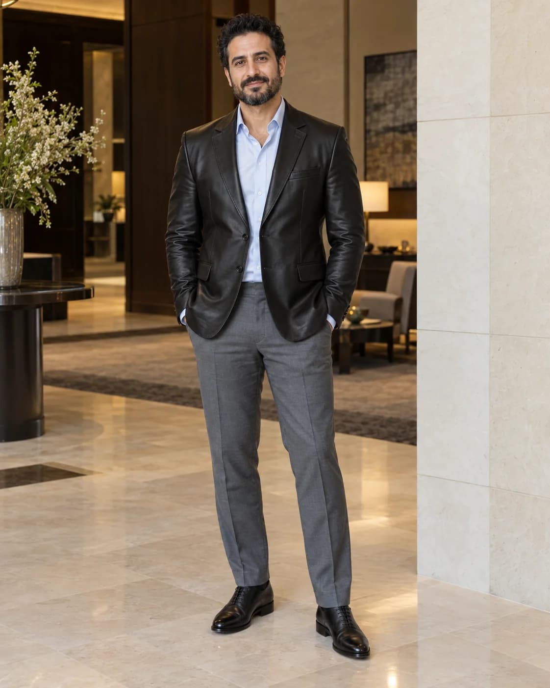 Adult Middle Eastern man wearing a black lambskin leather blazer over a light-blue shirt with gray trousers and black cap-toe Oxford shoes in a hotel lobby