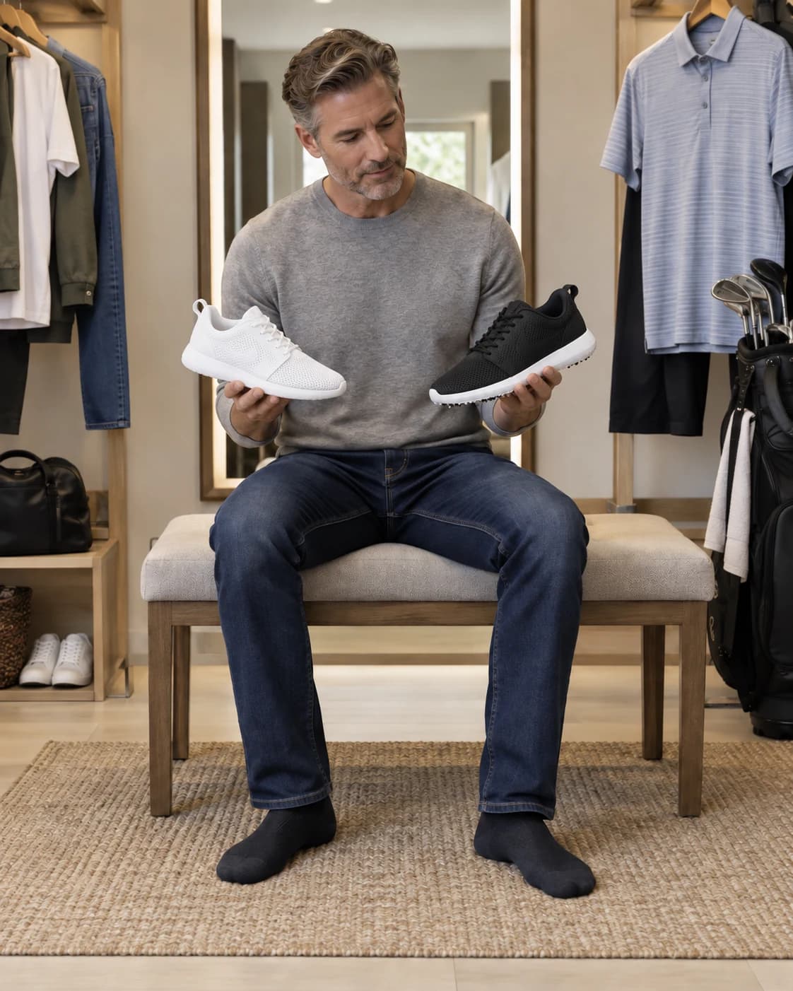 Mature man seated on a shoe bench holding a white low-top sneaker and a black low-top shoe while comparing their shapes