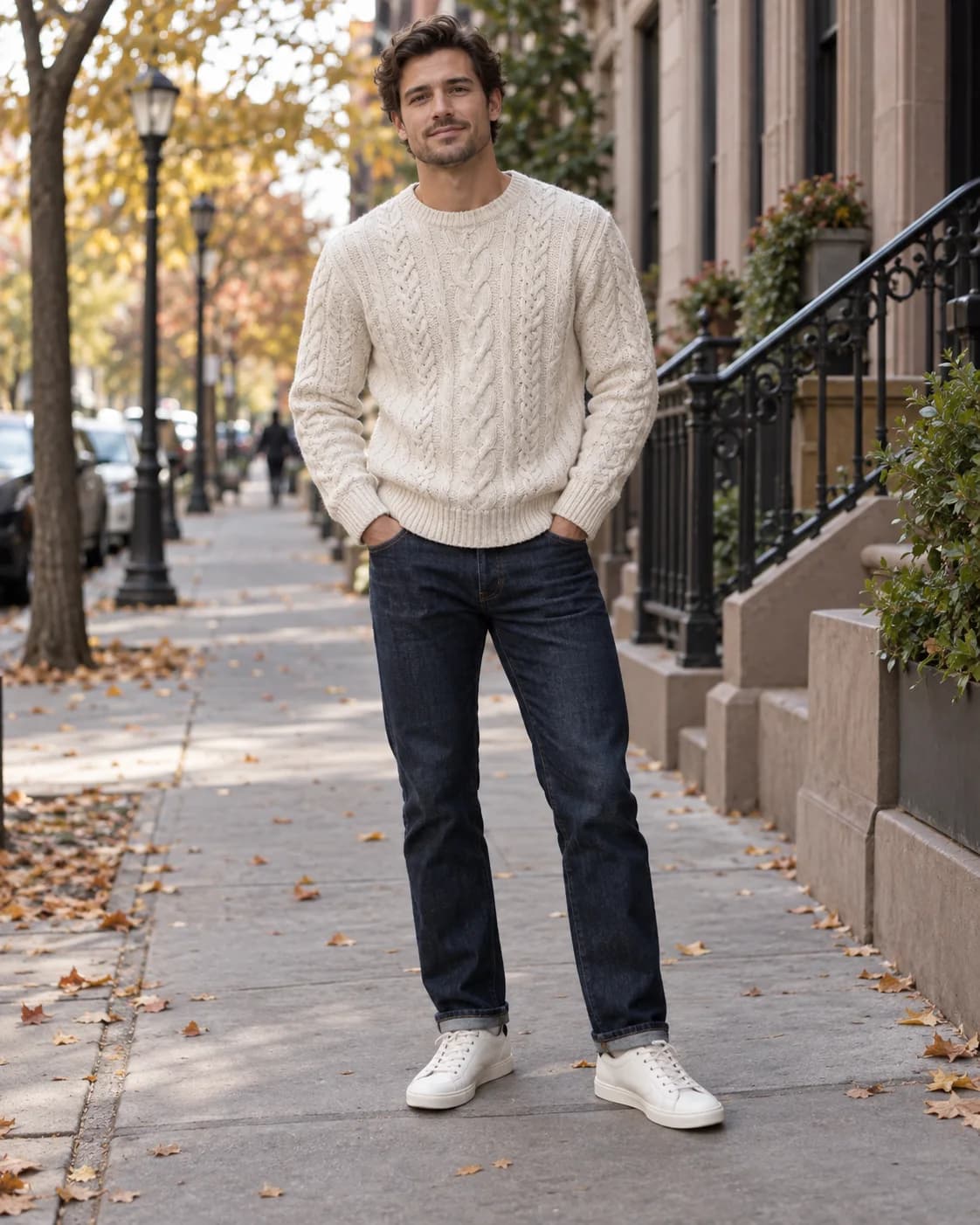 Man wearing an oatmeal cable-knit sweater with dark jeans and white sneakers on a city sidewalk