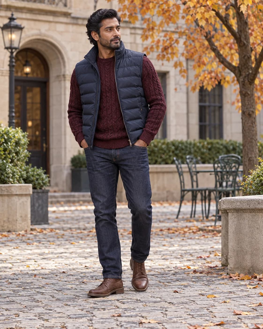 Adult South Asian man wearing a Collegiate Navy down vest over a burgundy cable-knit sweater with dark jeans and brown ankle boots in a city courtyard