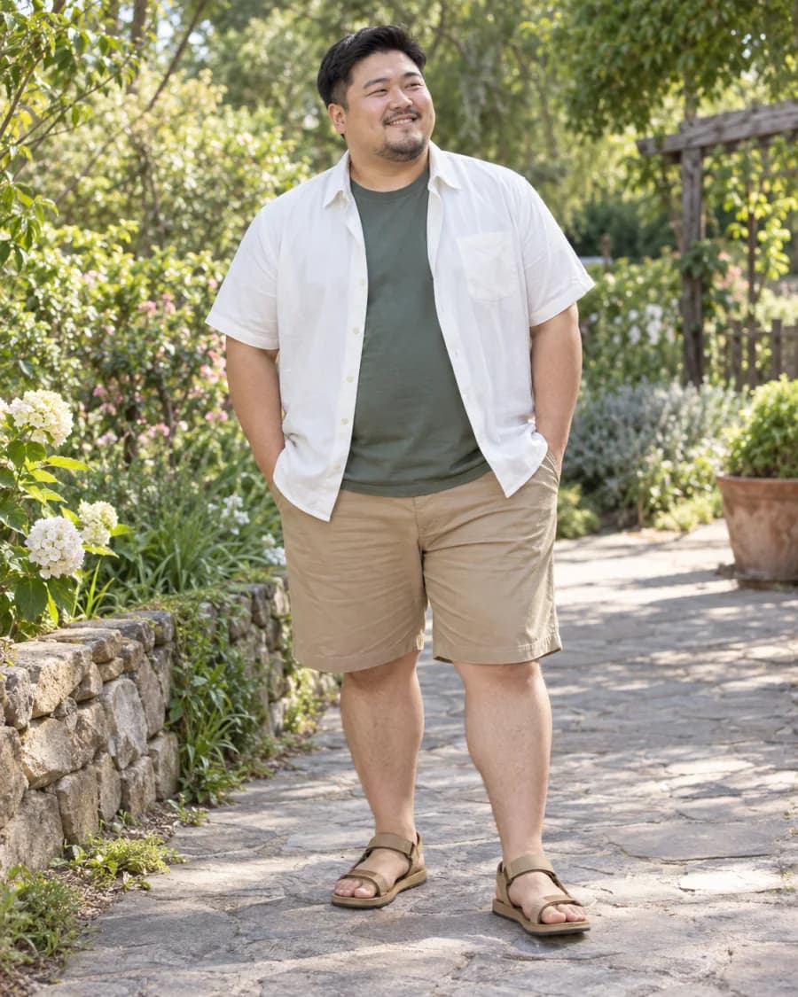 Plus-size East Asian man in a white open shirt over a muted green tee, khaki shorts and tan sandals on a sunny garden path