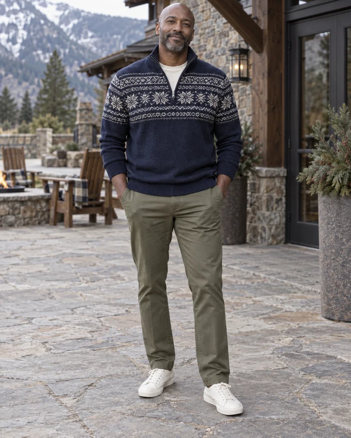 Mature Black adult man wearing a navy patterned Fair Isle quarter zip over a cream tee with olive chinos and off-white sneakers in a lodge courtyard