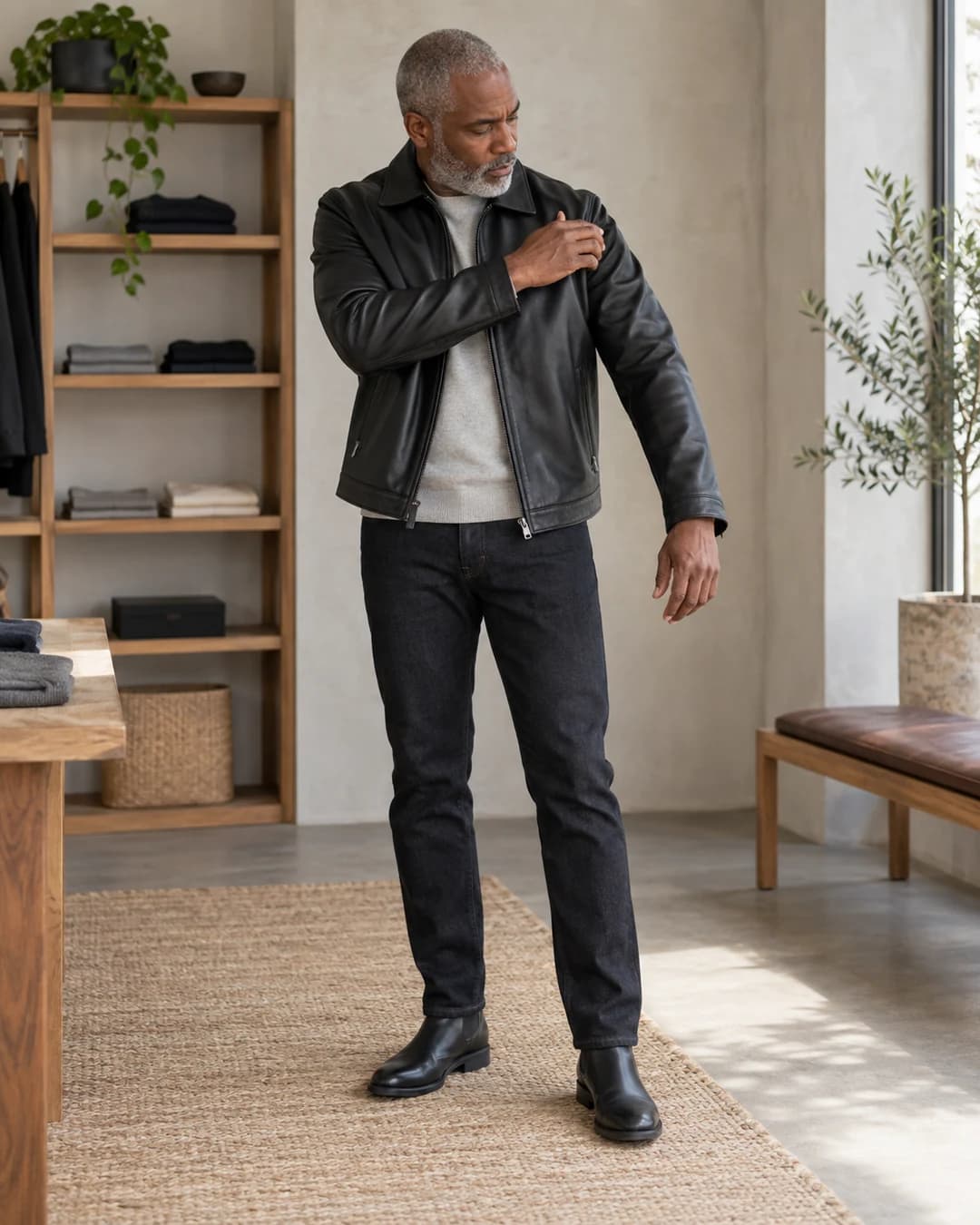 Older man checking the shoulder and sleeve fit of a black leather jacket over a light gray sweater