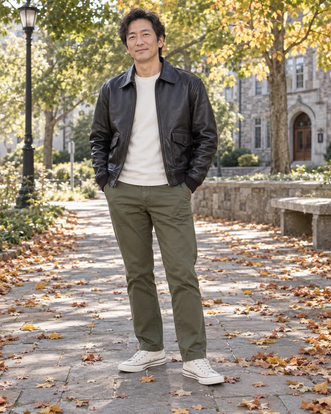 Adult East Asian man wearing a black leather A-2 bomber over a cream crewneck tee, olive chinos and off-white canvas sneakers on a campus path