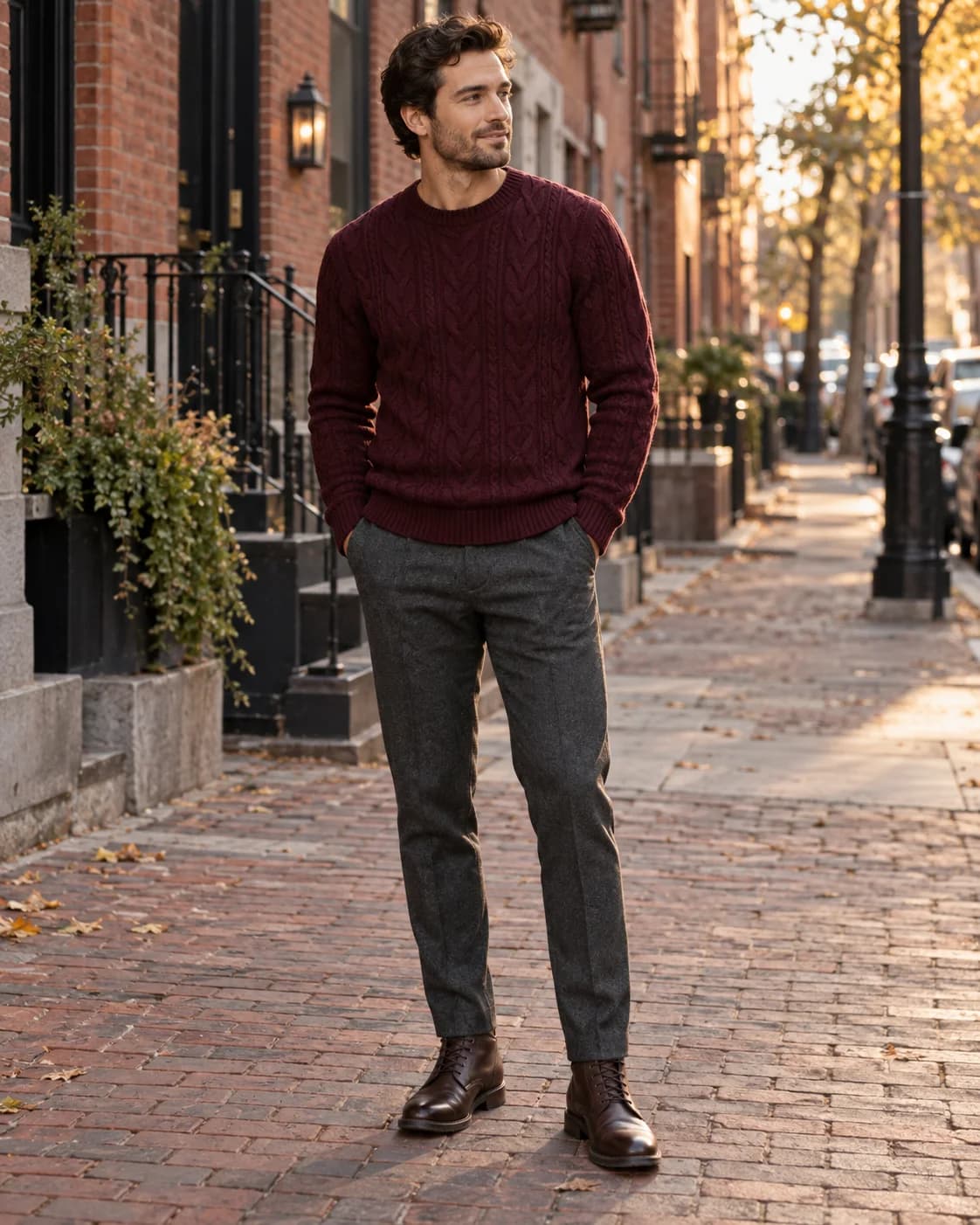 Man in a burgundy cable-knit sweater and charcoal trousers with dark-brown boots on a brick street