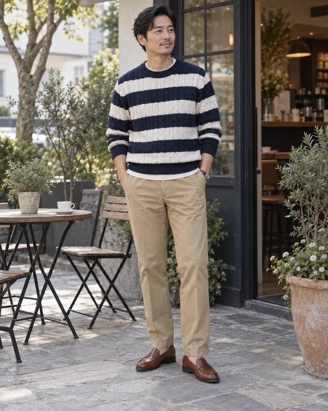 East Asian man in a navy-and-white striped cable sweater over a cream tee with khaki chinos and cognac loafers