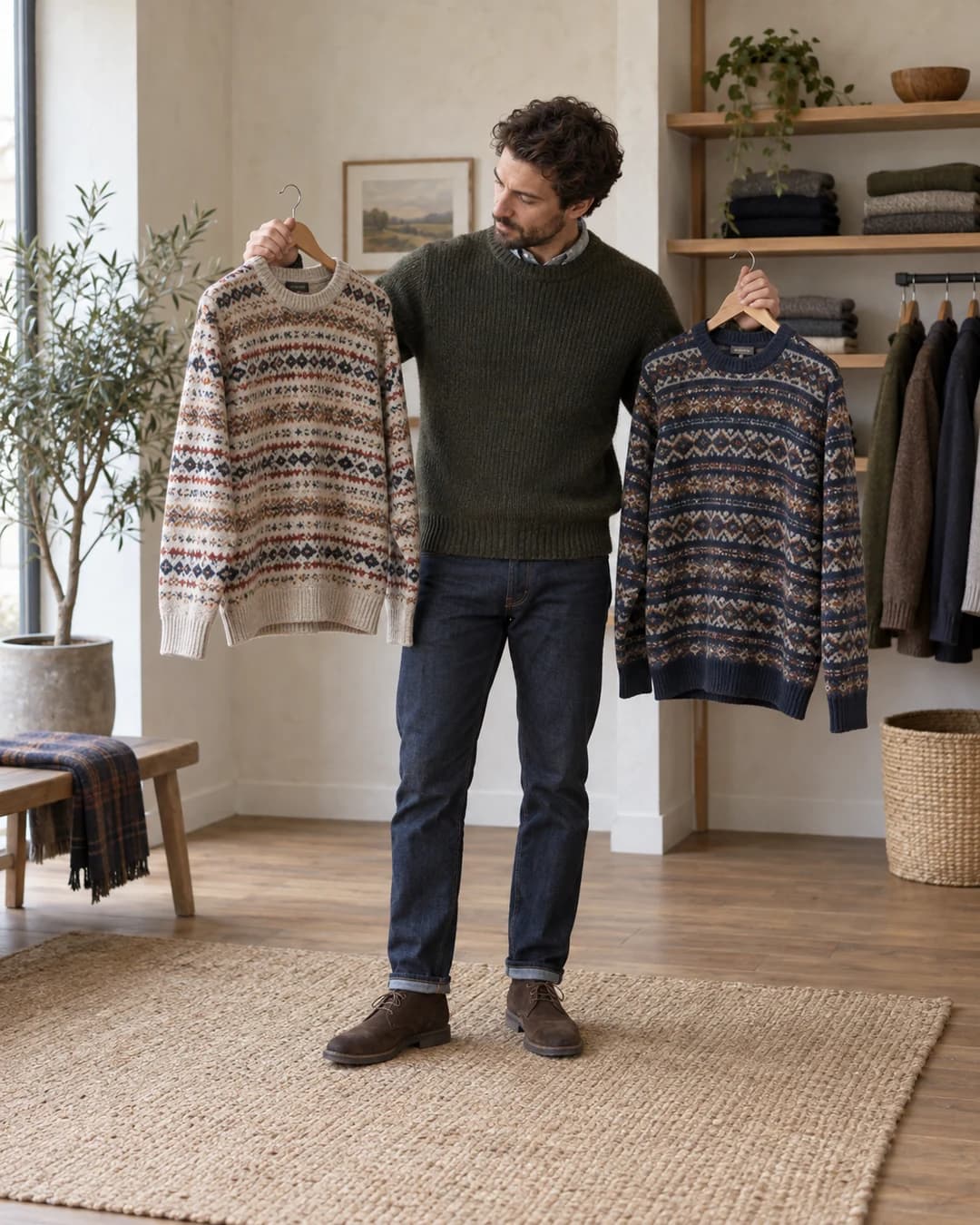 Adult man comparing two Fair Isle sweater patterns on hangers to judge motif scale