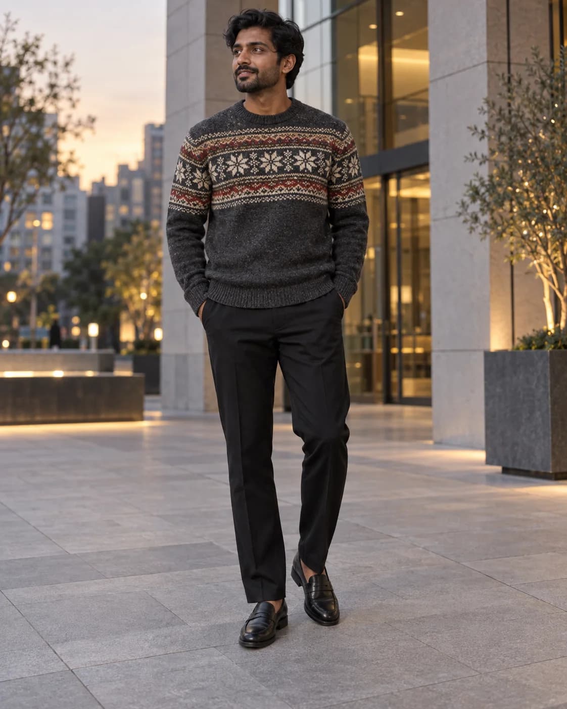 Adult South Asian man wearing a dark gray Fair Isle sweater, black trousers and black loafers outside a modern building