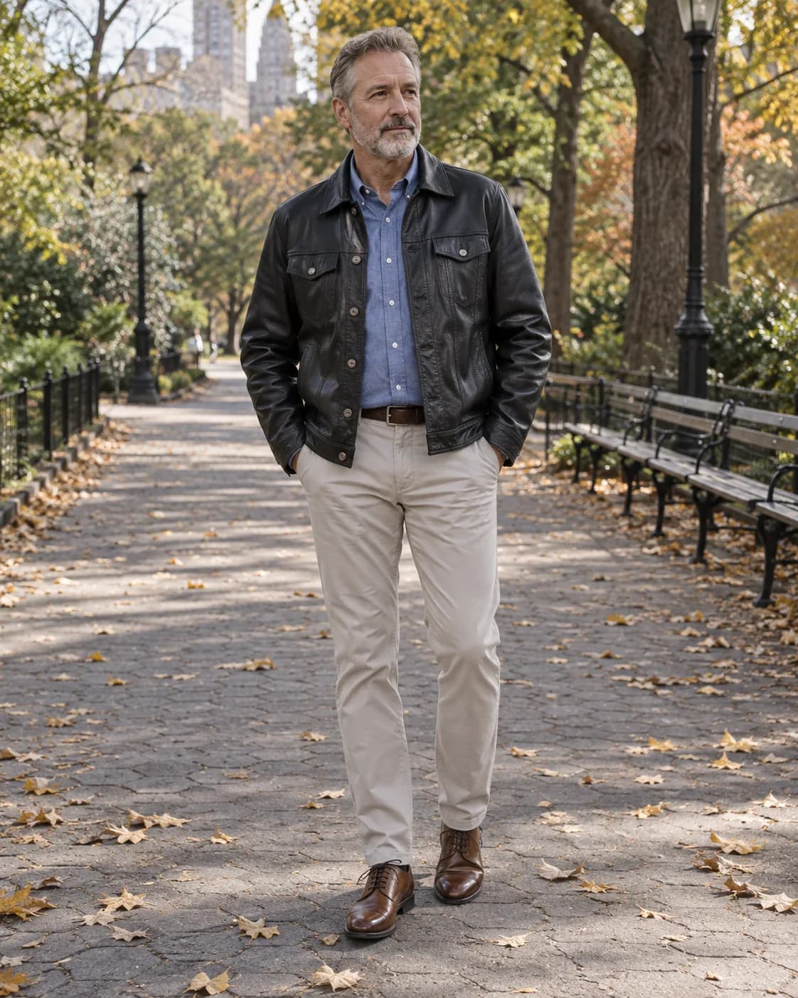 Adult White man wearing a black button-front shirt-collar leather trucker jacket over a blue Oxford, stone chinos and brown cap-toe shoes on an autumn park path