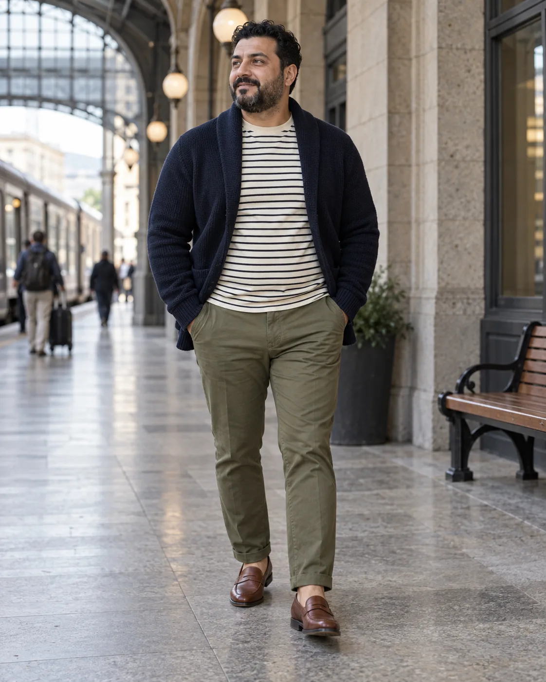 Black man in a navy shawl-collar cardigan over an eggshell-and-black striped tee with olive chinos and cognac loafers