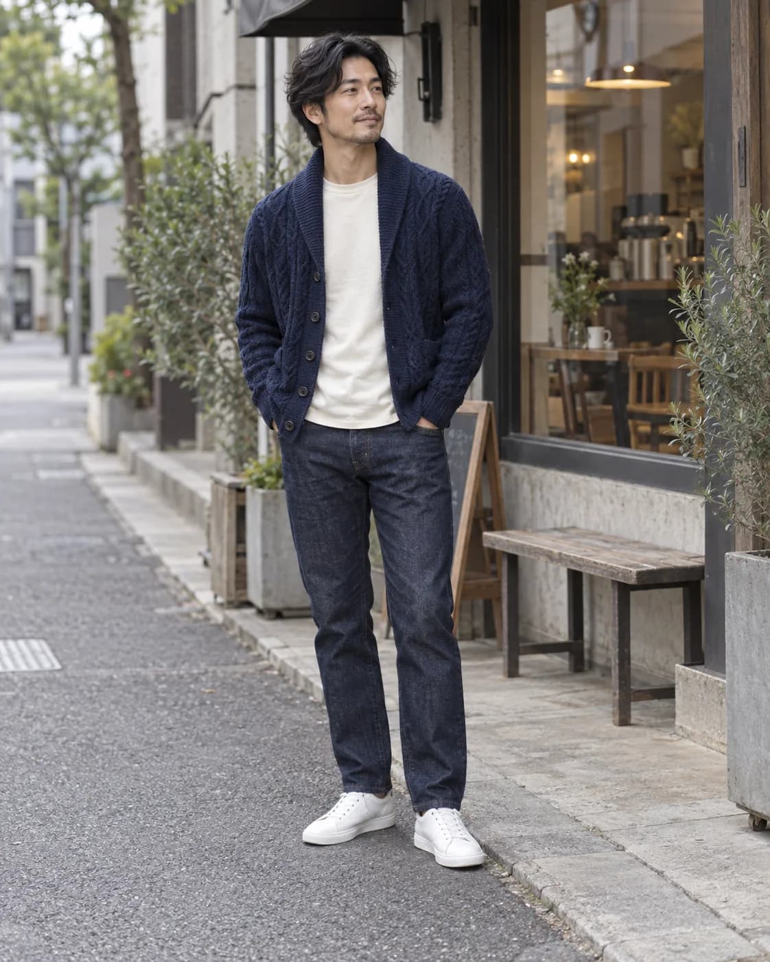East Asian man wearing a navy shawl-collar cardigan over a cream tee with dark jeans and white sneakers