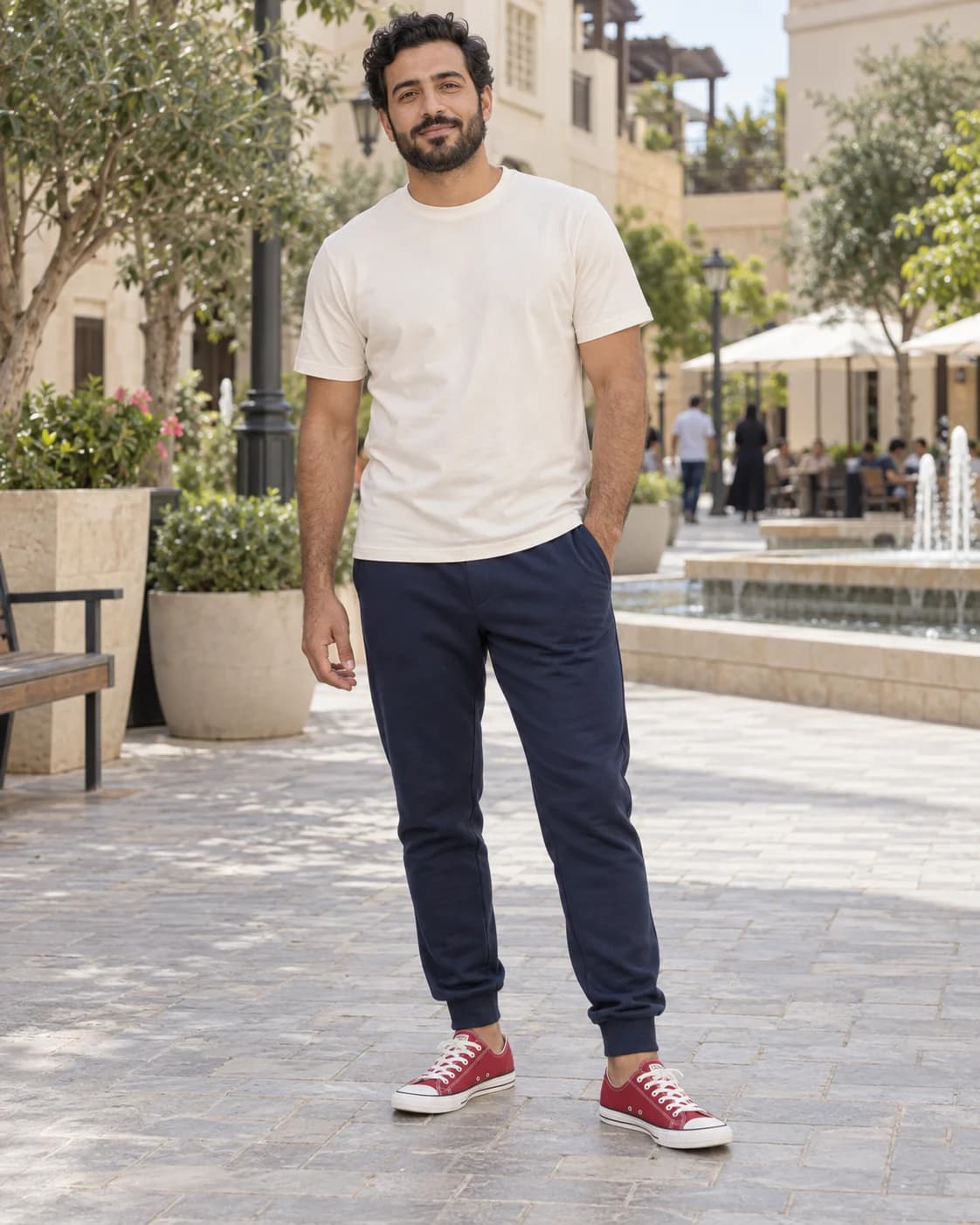 Middle Eastern man in navy jersey joggers with a cream tee and red canvas sneakers