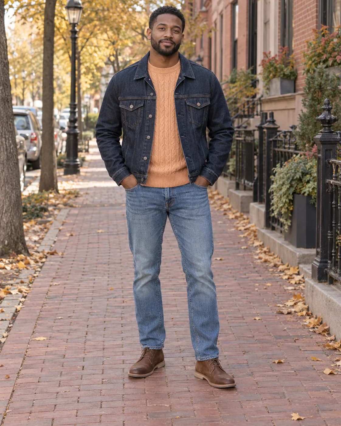 Adult Black man wearing a dark-wash denim trucker jacket over an apricot cable-knit sweater with medium-wash jeans and brown chukka boots on a city sidewalk