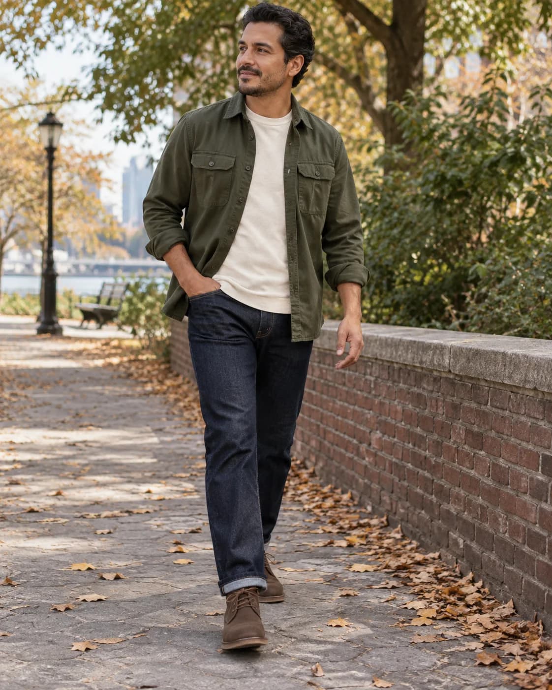 Man wearing an olive overshirt, cream T-shirt and dark jeans with coffee-brown leather chukka boots on a park path