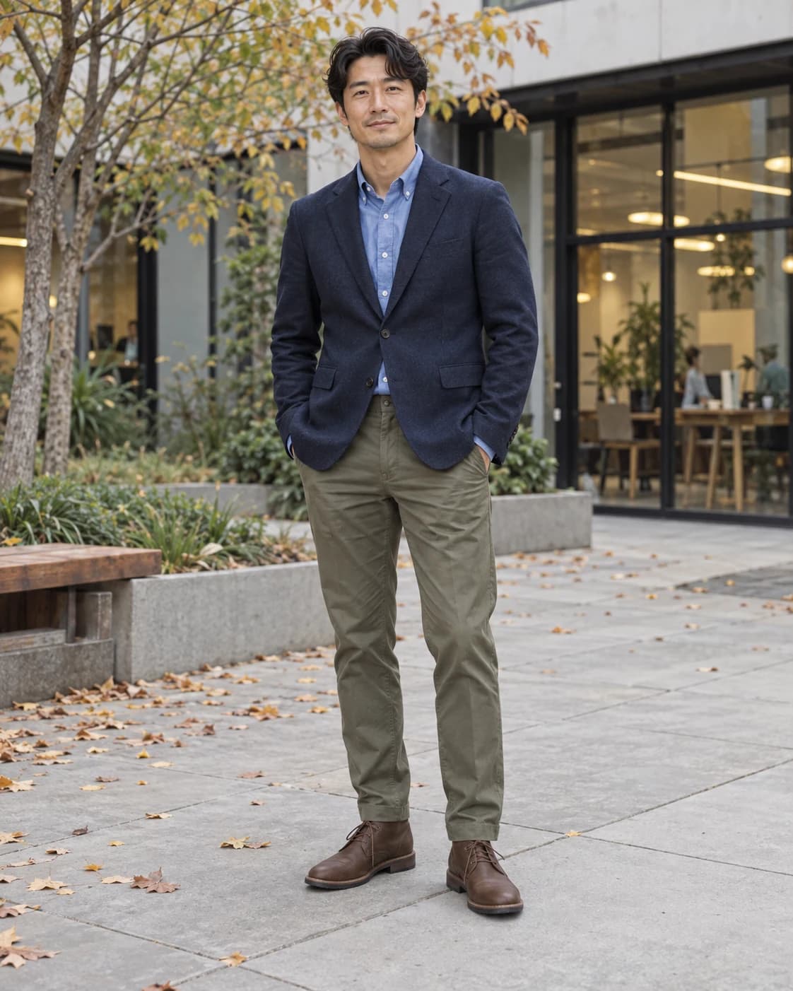 Adult East Asian man wearing a one-button navy sport coat, blue Oxford, olive chinos and brown leather chukka boots