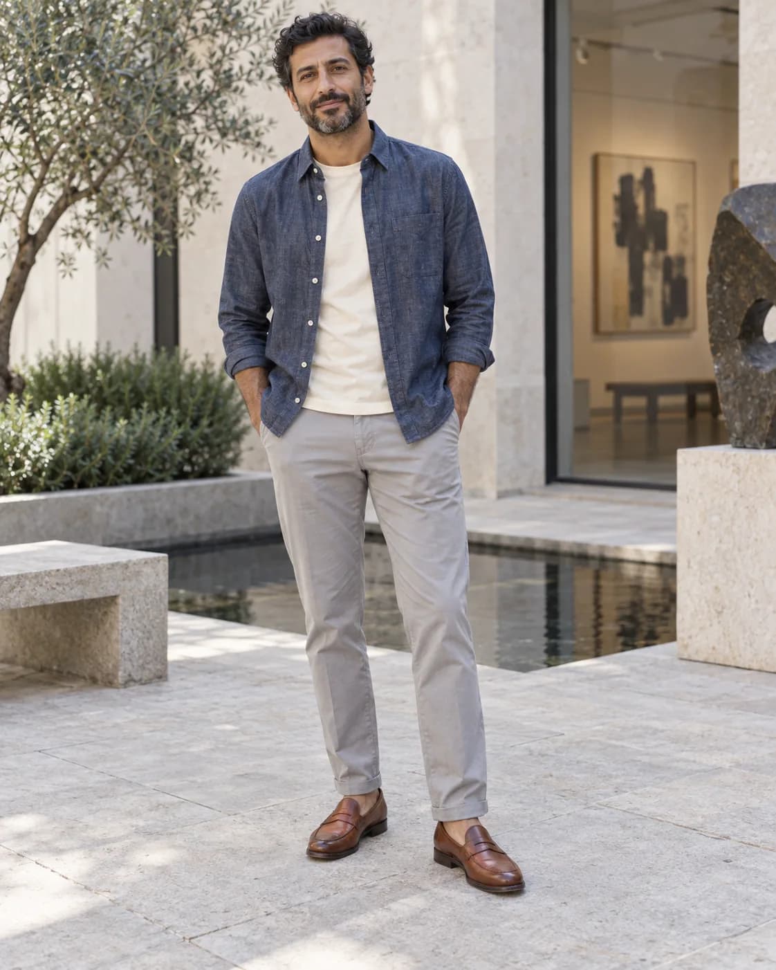 Middle Eastern man wearing a dark-chambray shirt open over a cream tee with light-gray chinos and cognac loafers