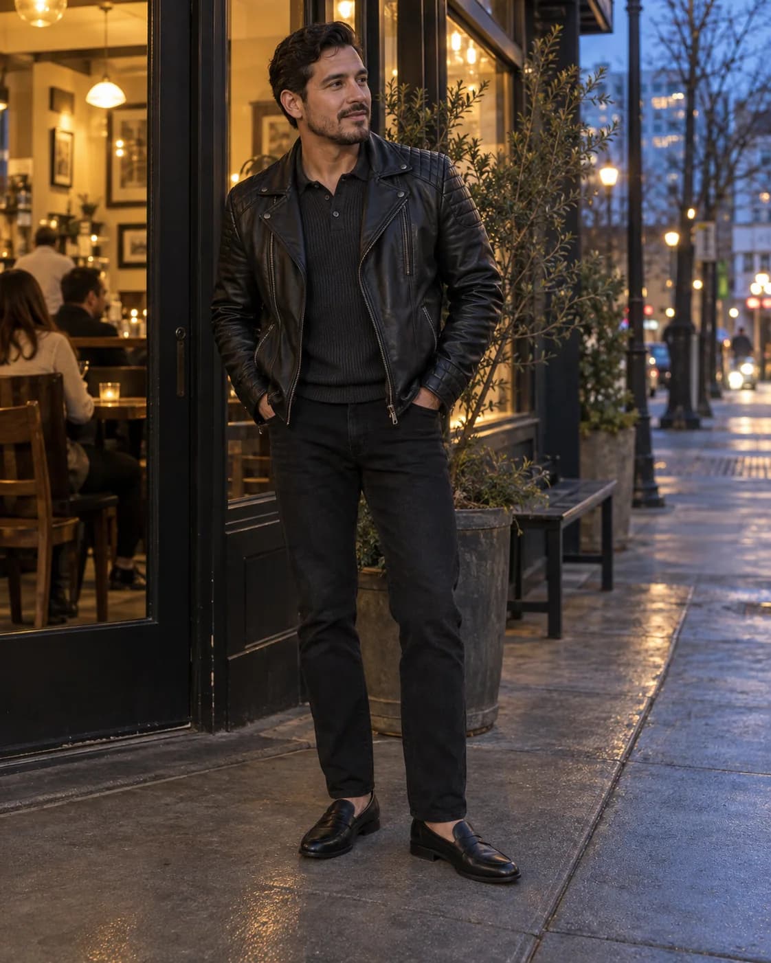 Adult Latino man wearing a black quilted leather moto jacket over a charcoal knit polo with black jeans and black penny loafers outside a café at dusk