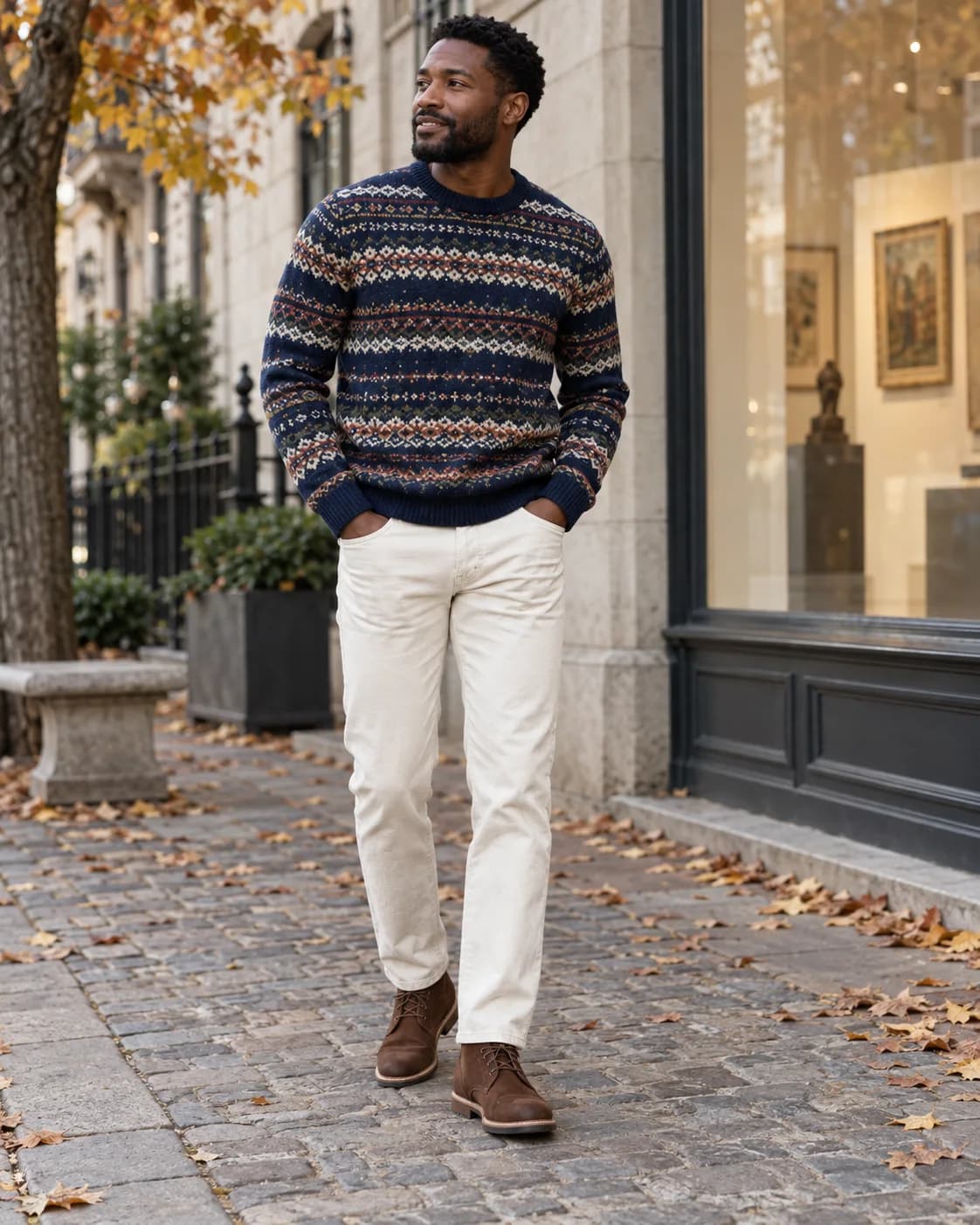 Adult Black man wearing a navy multicolor Fair Isle crewneck, ecru jeans and brown chukka boots on an autumn street