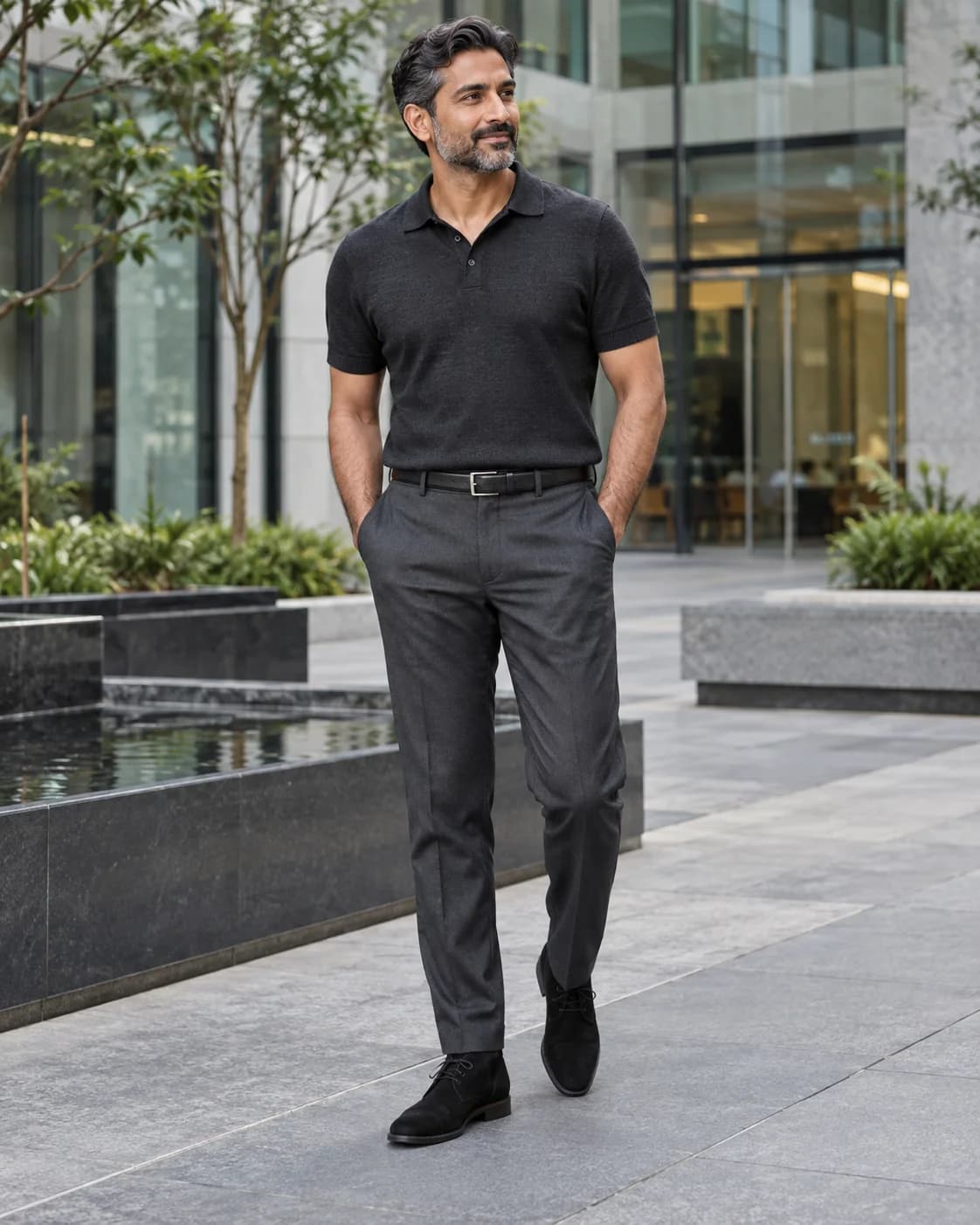 Man wearing a charcoal knit polo and dress trousers with black suede chukka boots in a modern office courtyard