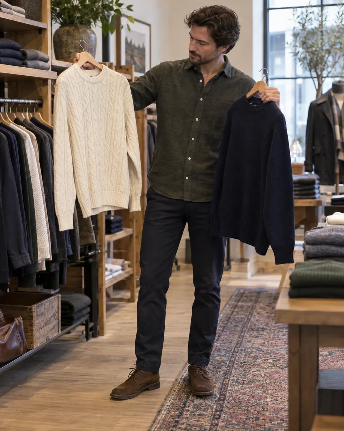 Man comparing a cream cable-knit sweater and a navy sweater in a clothing shop
