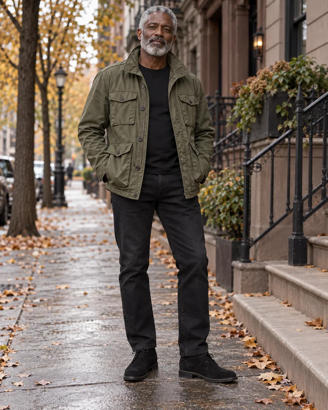 Mature Black adult man wearing an army-green cotton utility jacket over a black tee with black jeans and black suede chukka boots on an autumn street