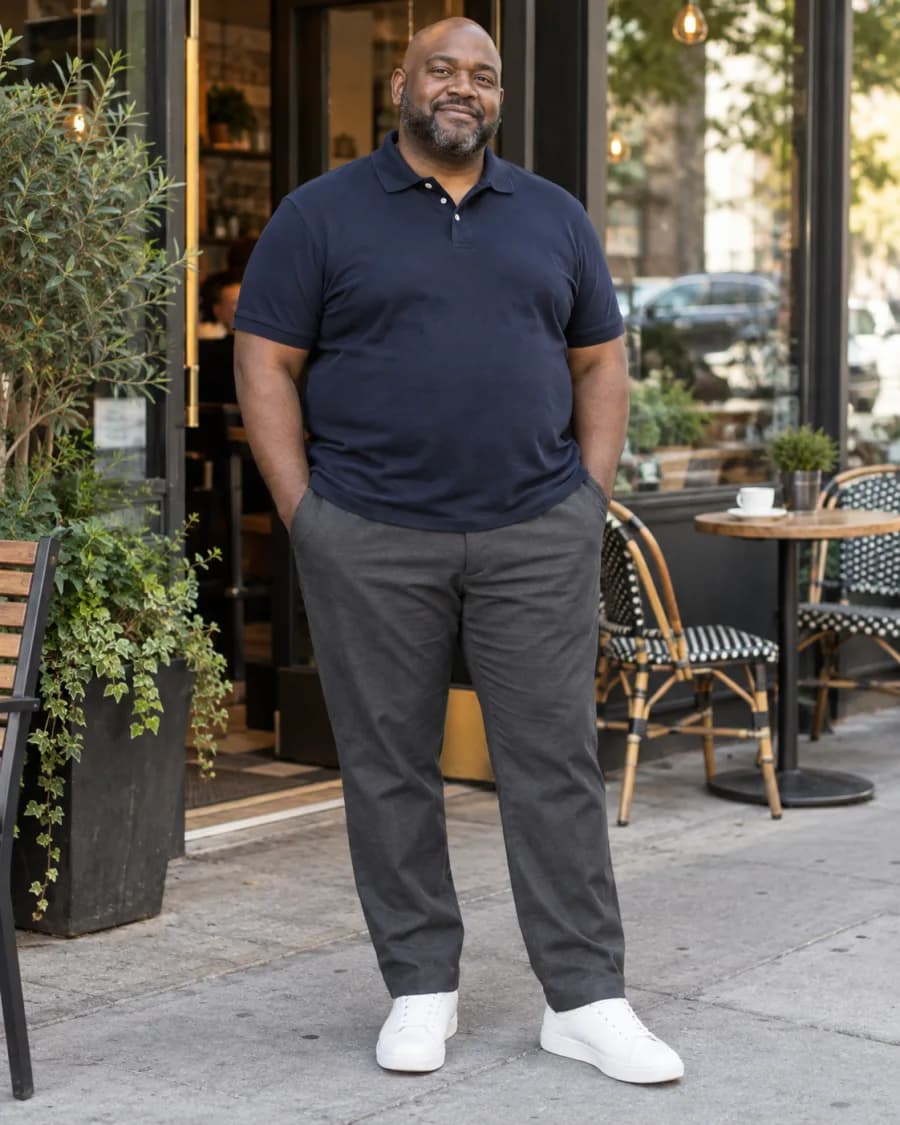 Plus-size Black man in a navy polo, charcoal trousers and white sneakers outside a cafe