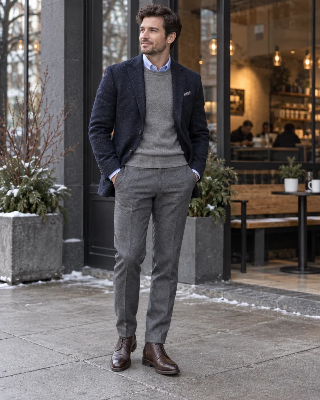 Man wearing a navy blazer over a light-gray crewneck and pale blue shirt with gray trousers and brown shoes
