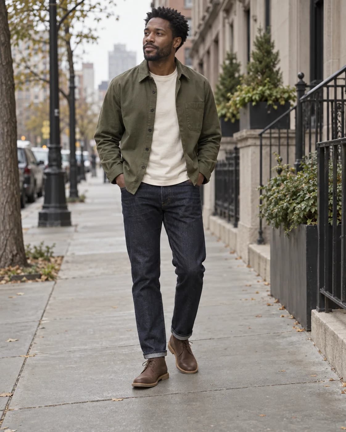 Adult Black man wearing an open olive-green overshirt over a cream tee with dark jeans and brown chukka boots on a city street