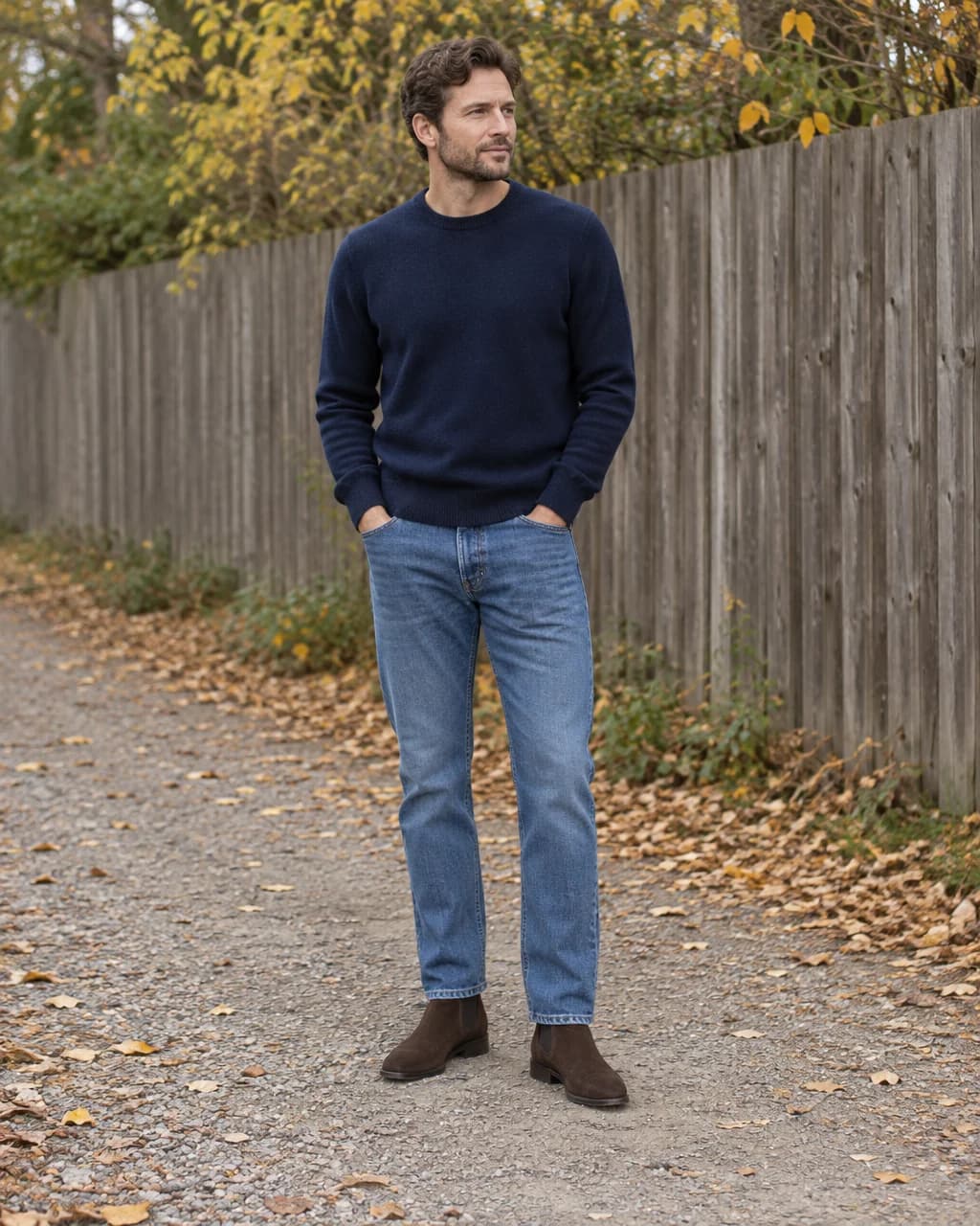 Man in navy crewneck and blue jeans with dark brown suede Chelsea boots beside a wooden fence