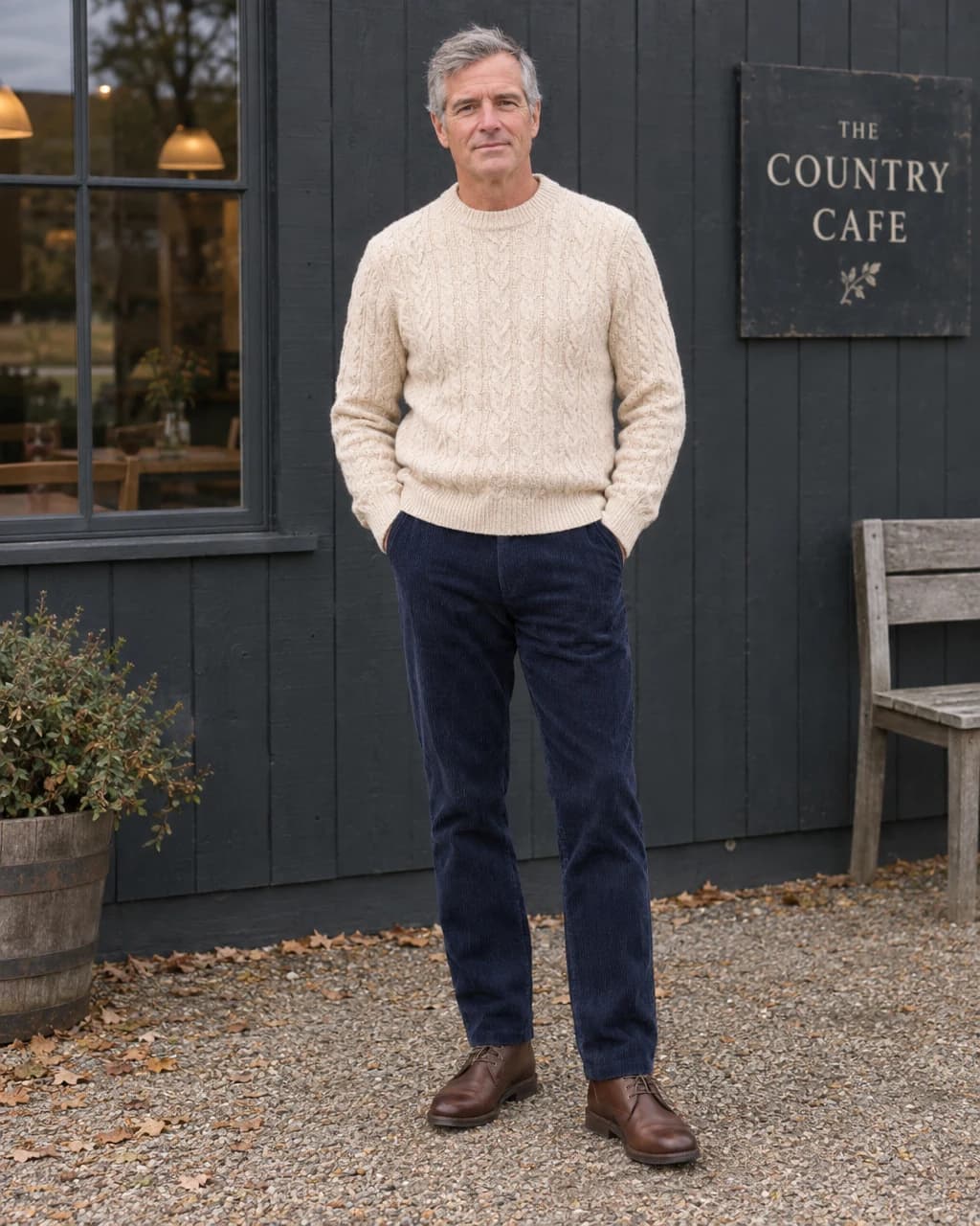 Mature man wearing a pale cable-knit sweater, navy corduroy trousers and brown leather chukka boots by a dark wooden wall