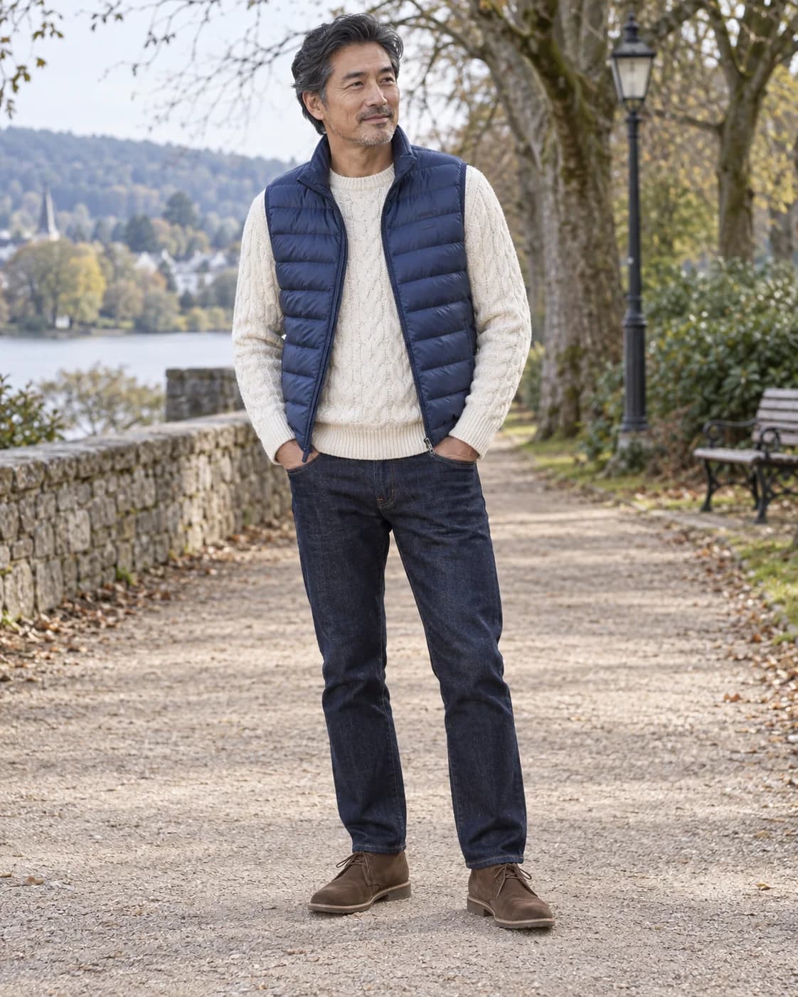 Middle-aged East Asian man wearing a Tempest blue lightweight down gilet over an ecru knit with dark jeans and brown suede desert boots on a park path