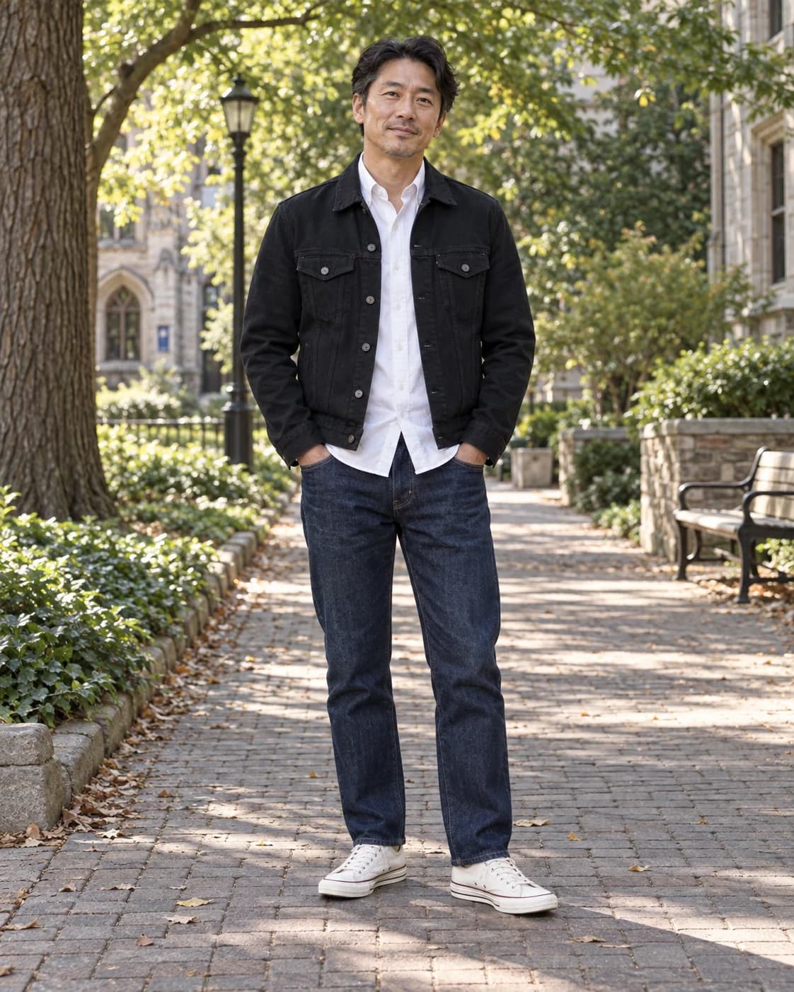 Adult East Asian man in a black denim trucker jacket over a white Oxford shirt with dark indigo jeans and off-white canvas sneakers