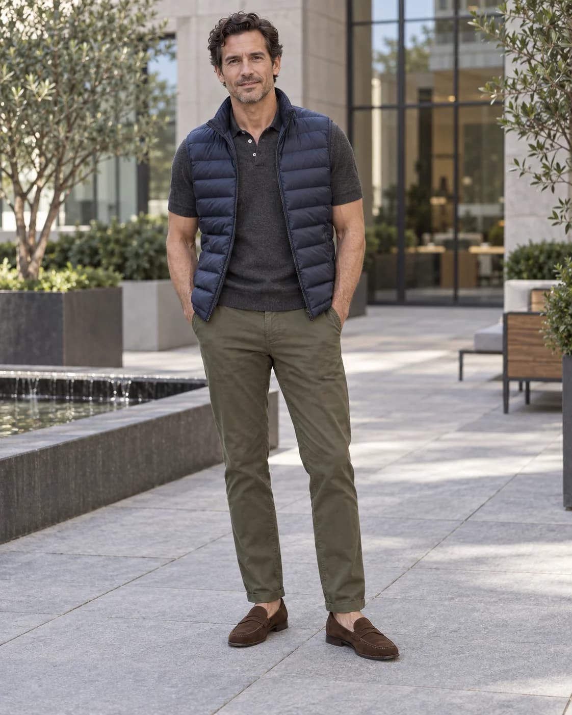 Adult white man wearing a navy packable down vest over a charcoal knit polo with olive chinos and brown suede loafers on an office courtyard