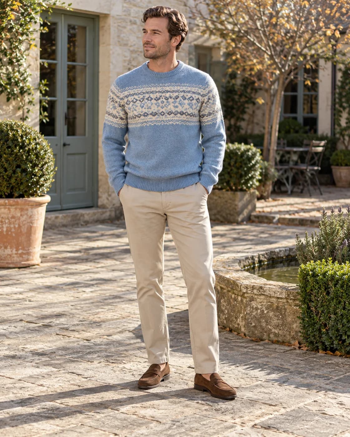 Adult white man wearing a blue and cream Fair Isle sweater, stone chinos and brown suede loafers in a sunny courtyard