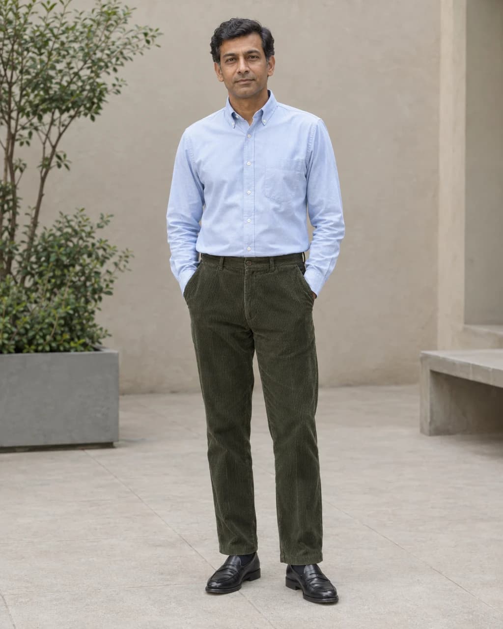 Man in a tucked pale blue Oxford, olive corduroy trousers and black penny loafers in a plaster-walled courtyard