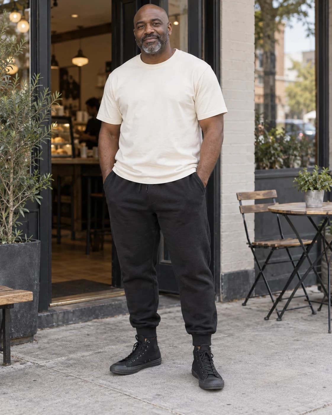 Black man in black fleece joggers, a cream crew-neck tee and black canvas high-top sneakers