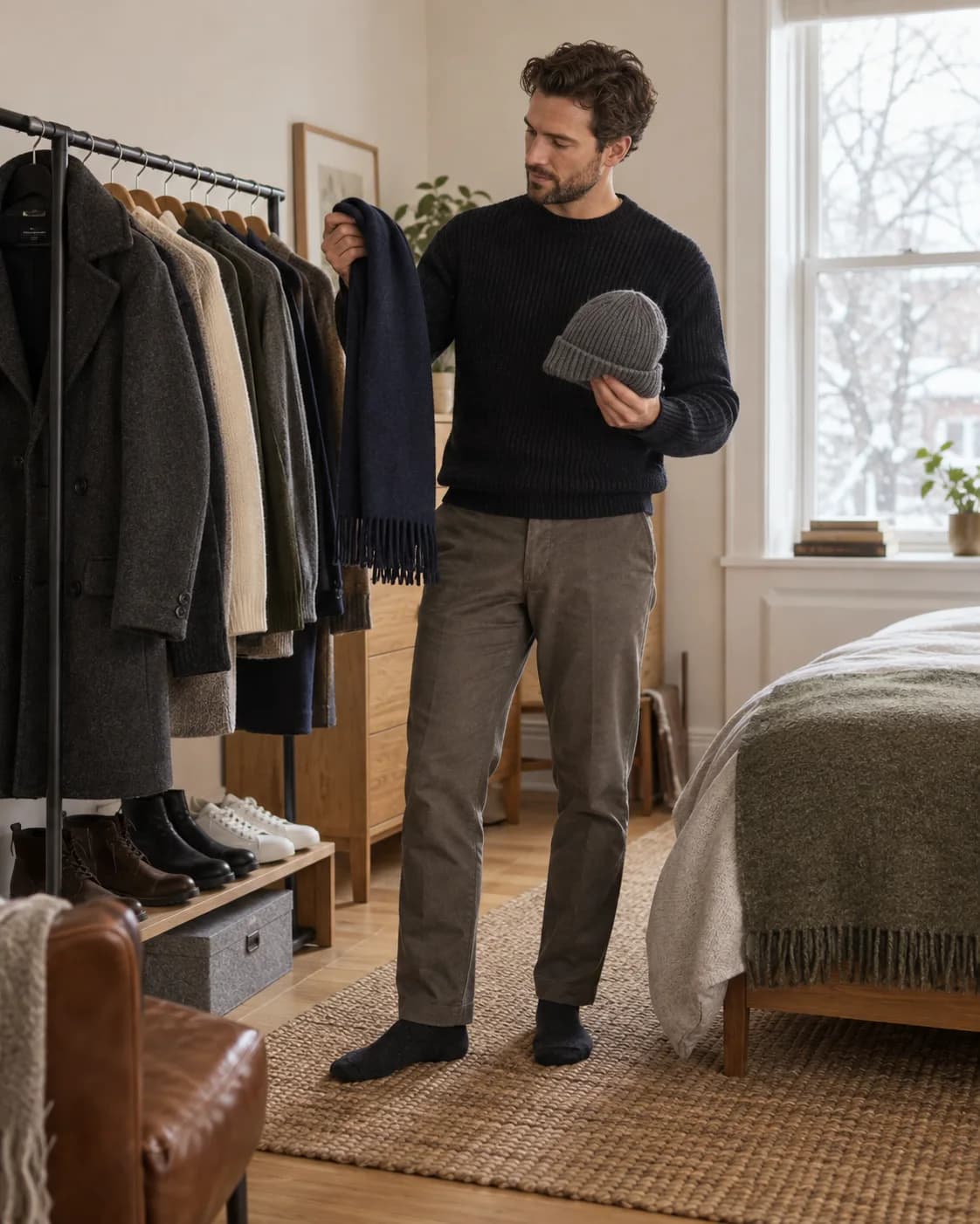 Man comparing warm layers beside a bedroom clothes rail