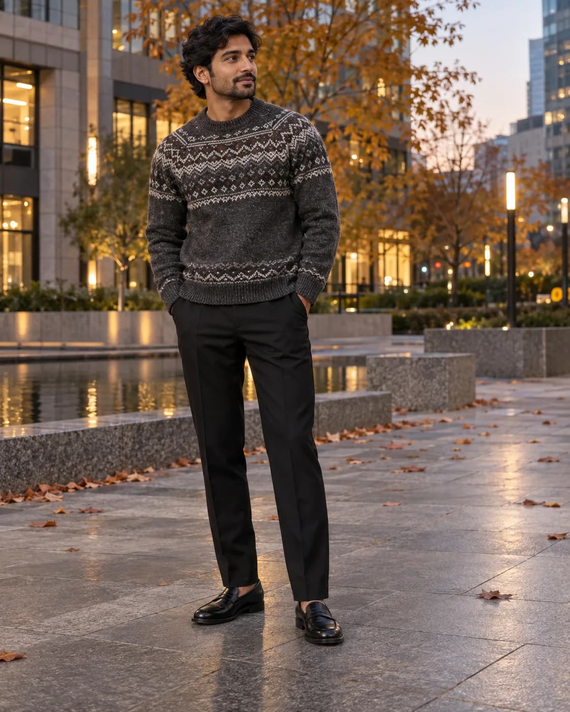 Adult South Asian man wearing a dark gray Fair Isle sweater, black trousers and black loafers at a modern city plaza in autumn