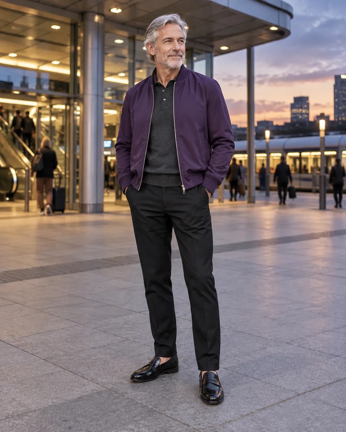 Mature South Asian man wearing a purple bomber jacket, charcoal knit polo, black trousers and black loafers outside a modern station