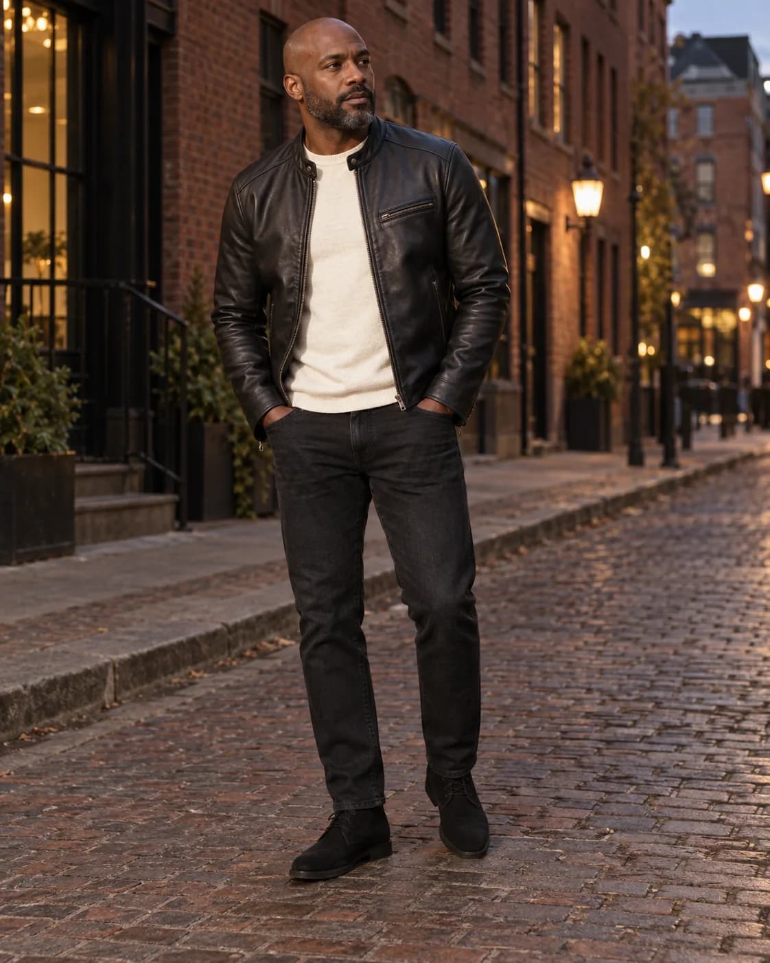 Mature adult Black man wearing a black leather café-racer jacket over a cream tee with black jeans and black suede chukka boots on a city street