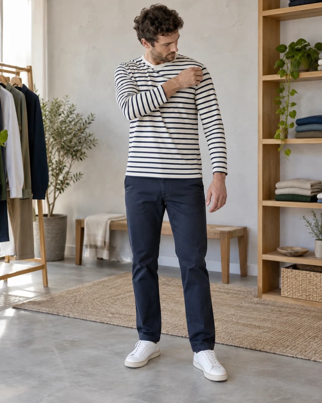 Man checks the shoulder fit and level stripes of a long-sleeve striped shirt