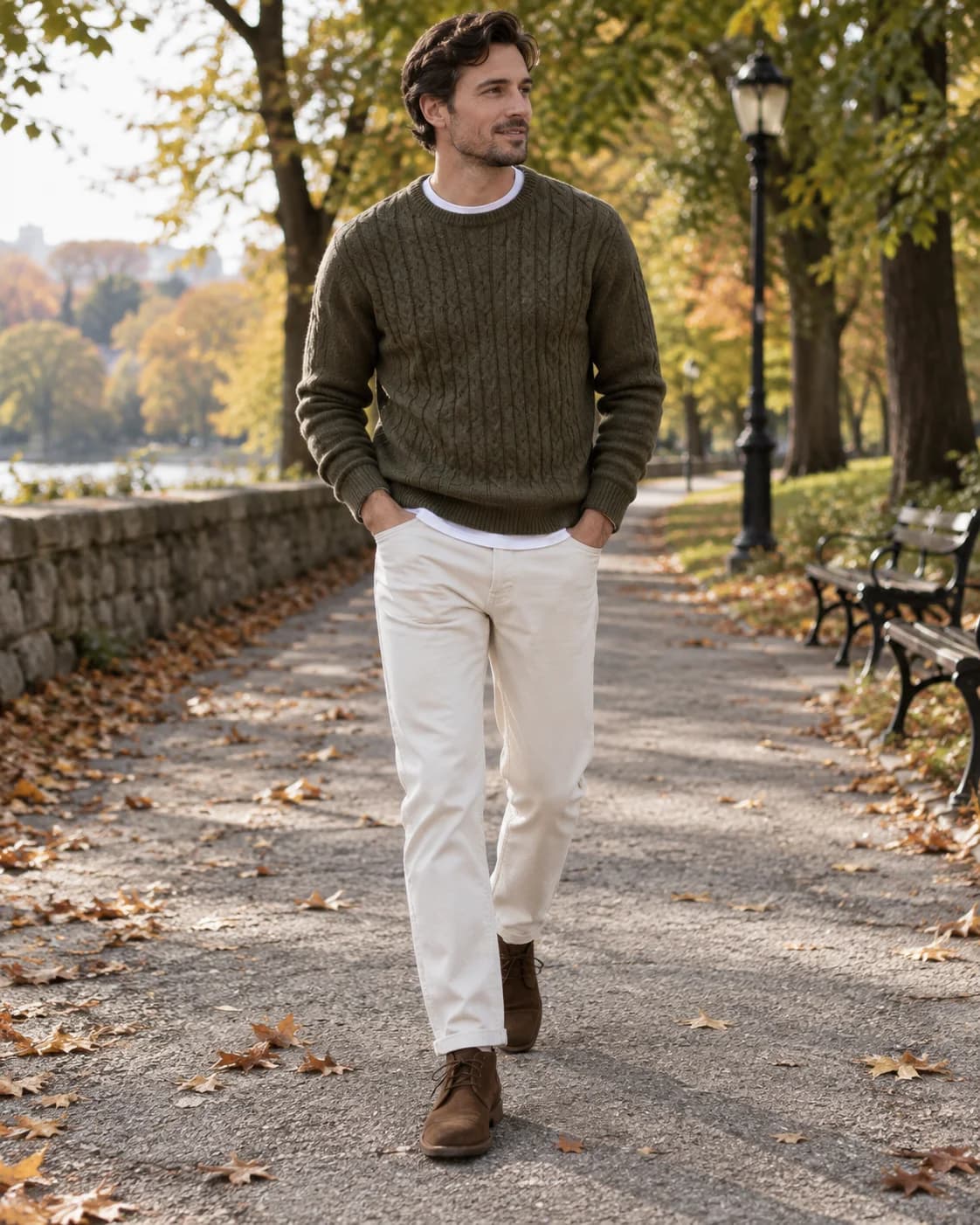 Man wearing a charcoal cable-knit sweater under a camel overcoat with dark jeans and brown boots in winter